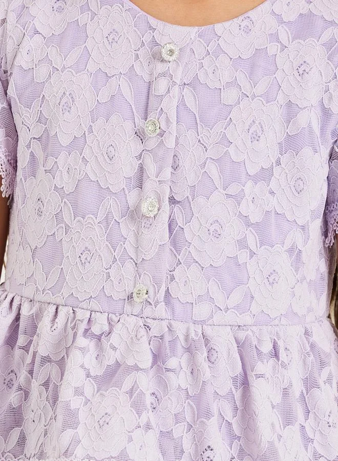 Styli Girls Lilac Tiered Lace Dress